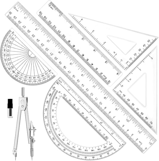 7Pcs Geometry Set-Clear Plastic Rulers,Triangle Ruler,Protractor,Compass