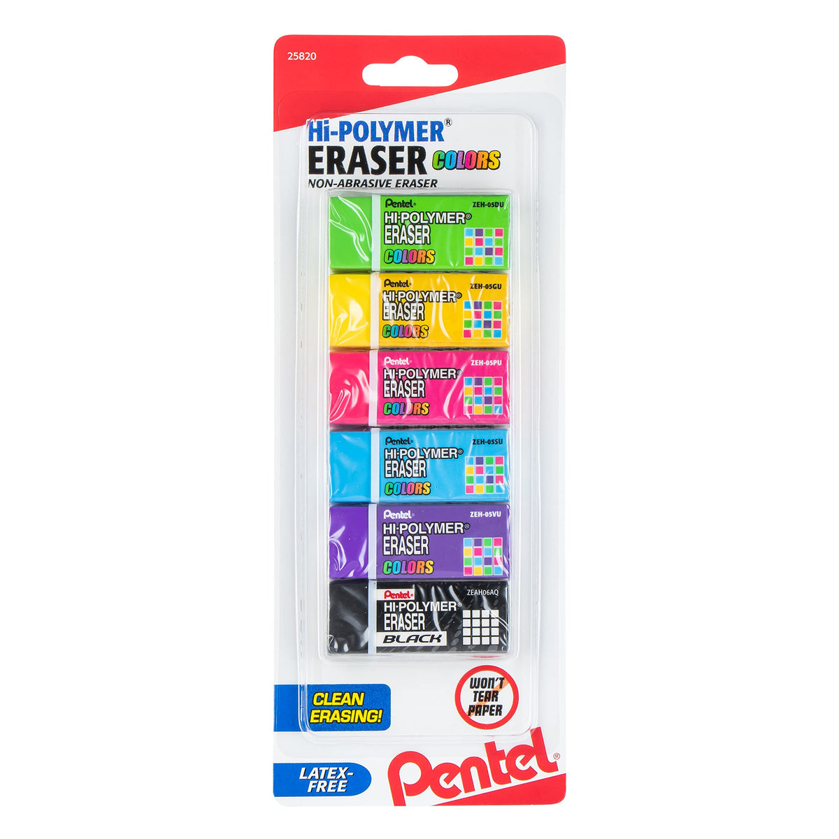 Pentel Hi-Polymer Block Eraser Small, Assorted Colors, Pack of 4 (ZEH05CRBP4M)