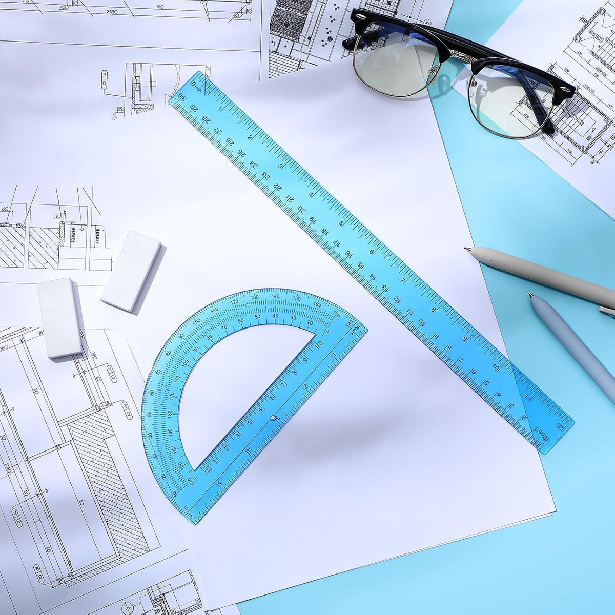 Zonon 2 Pcs 12 Inch Clear Ruler and 6 Inch Plastic Protractor Set, Blue