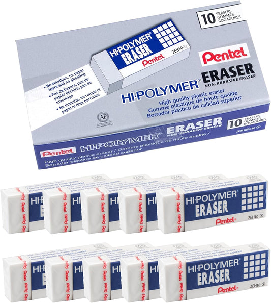 Pentel Hi-Polymer Block Eraser, Large, White, Pack of 10 Erasers