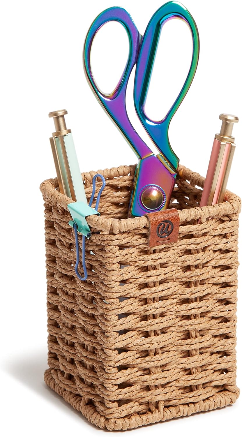 U Brands Pencil Cup, Pen Holder, Desktop Organizer, Wicker Woven Finish