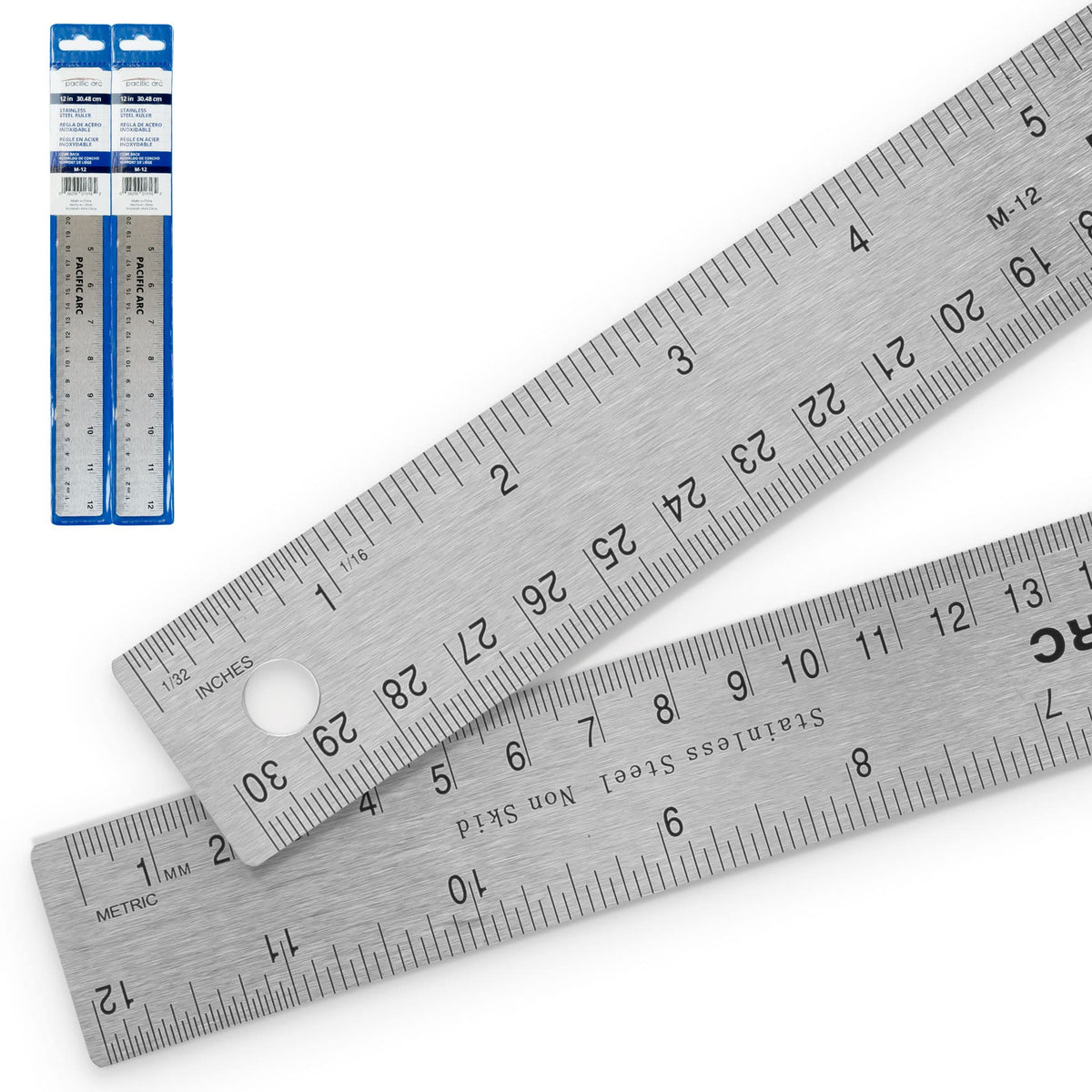 Pacific Arc Stainless Steel 12 Inch Metal Ruler Non-Slip Cork Back, with Inch and Metric Graduations