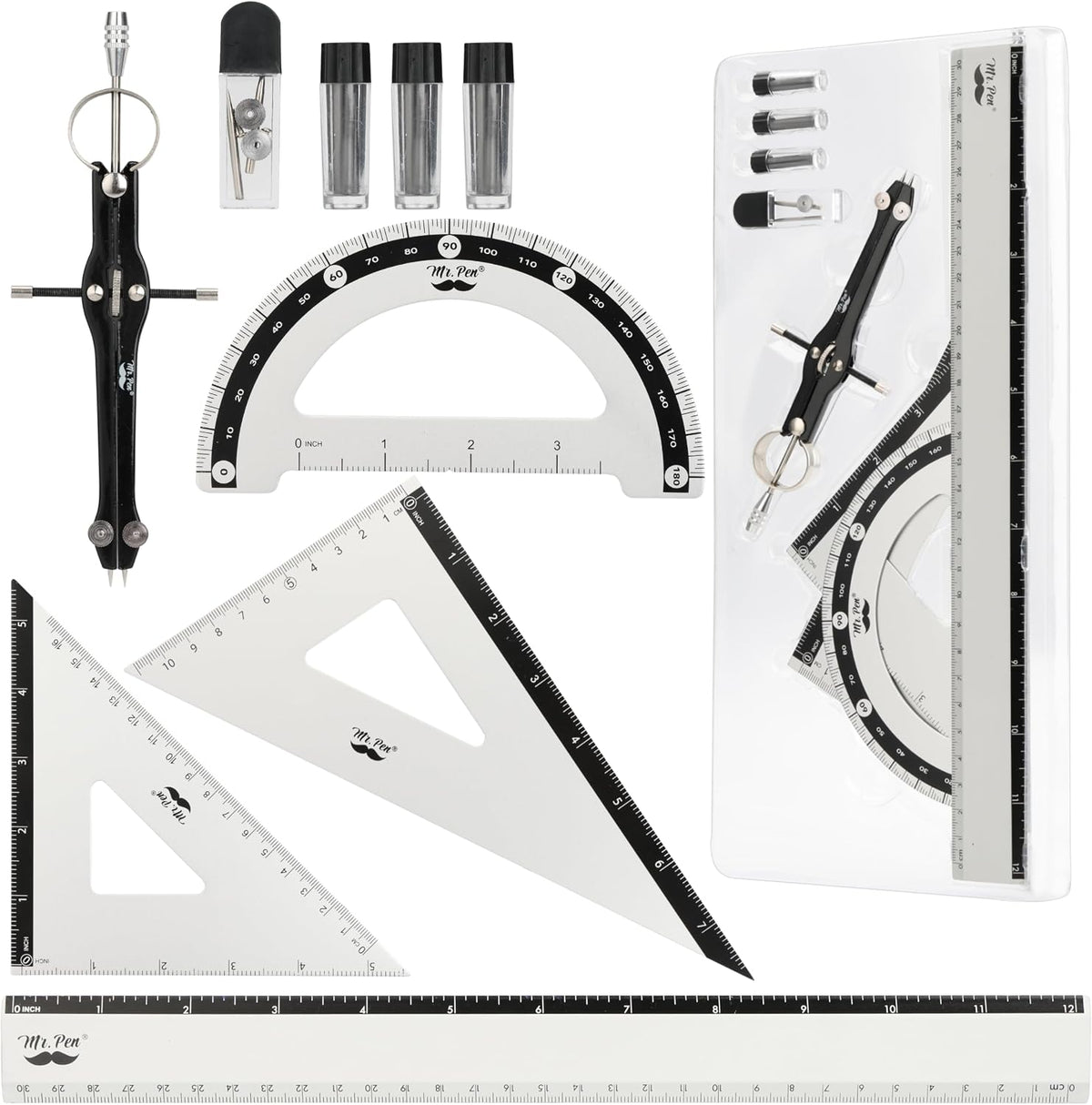Mr. Pen- Metal Geometry Set, 9 pcs, Compass, 6" Protractor, 12" Ruler