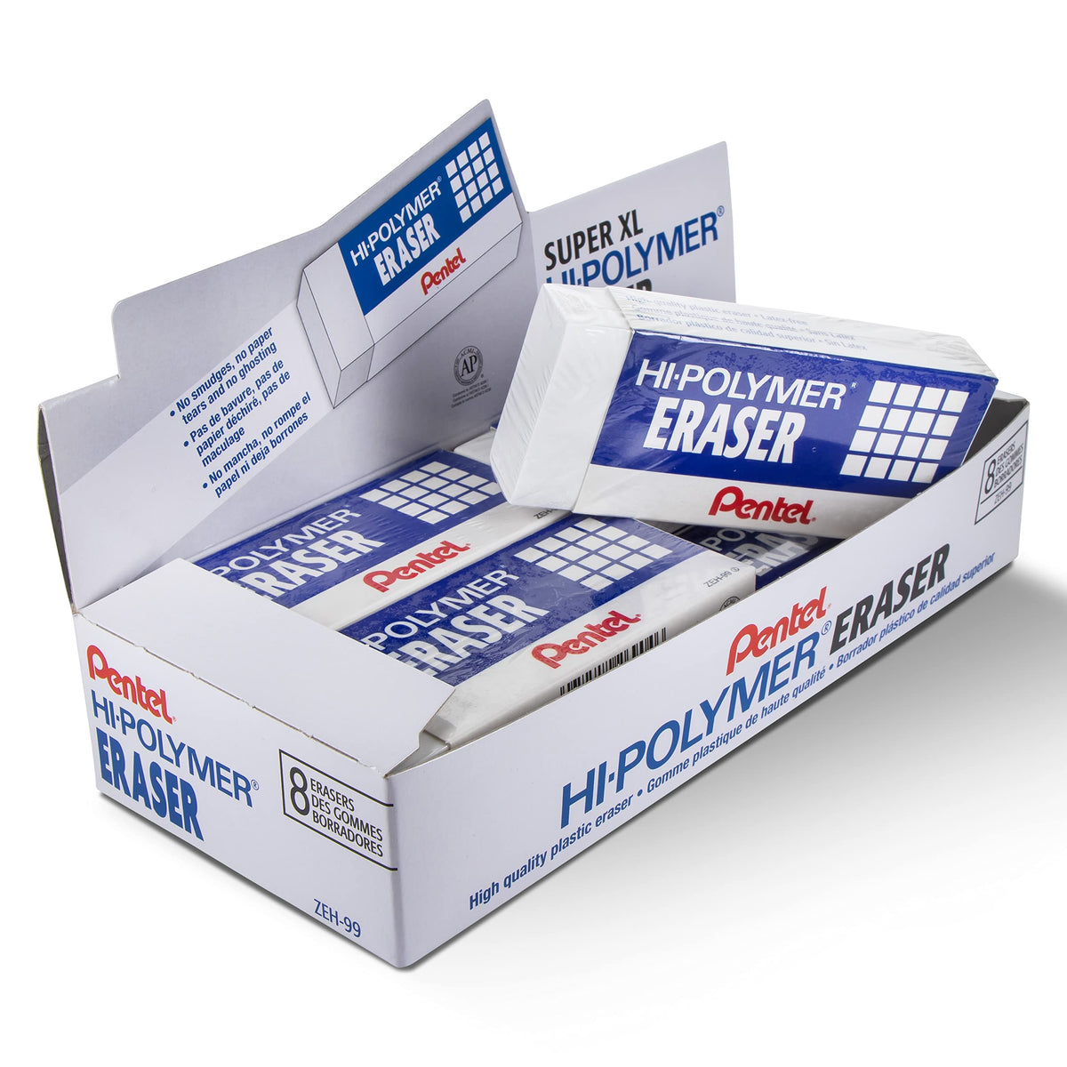 Pentel Hi-Polymer Block Eraser, Large, White, Pack of 10 Erasers