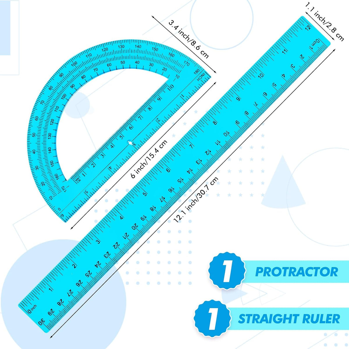 Zonon 2 Pcs 12 Inch Clear Ruler and 6 Inch Plastic Protractor Set, Blue