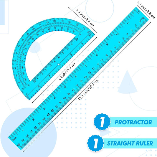 Zonon 2 Pcs 12 Inch Clear Ruler and 6 Inch Plastic Protractor Set, Blue