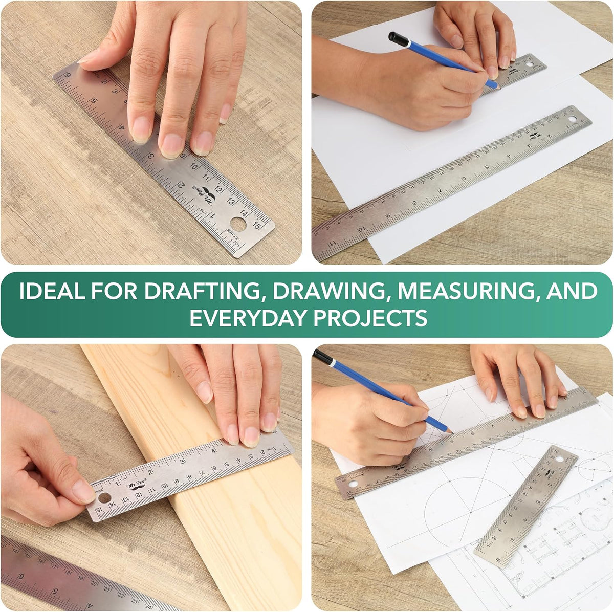 Mr. Pen- Metal Ruler with Non-Slip Cork Back, 2 Pack, 6" and 12"