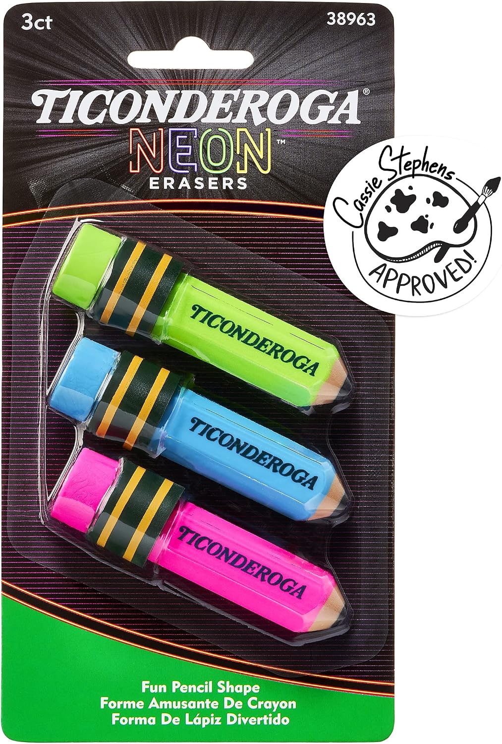 Ticonderoga Pencil Shaped Erasers, Neon, 3 Count