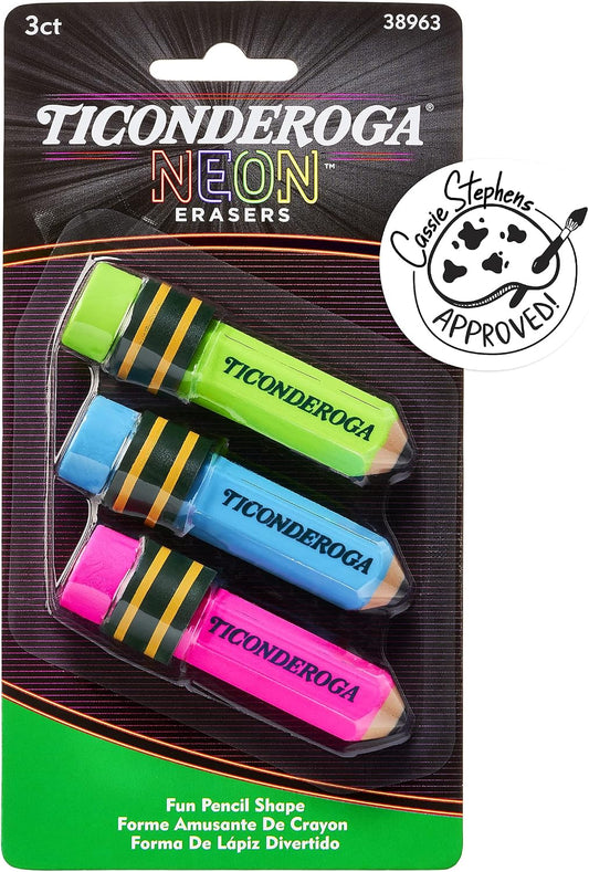 Ticonderoga Pencil Shaped Erasers, Neon, 3 Count